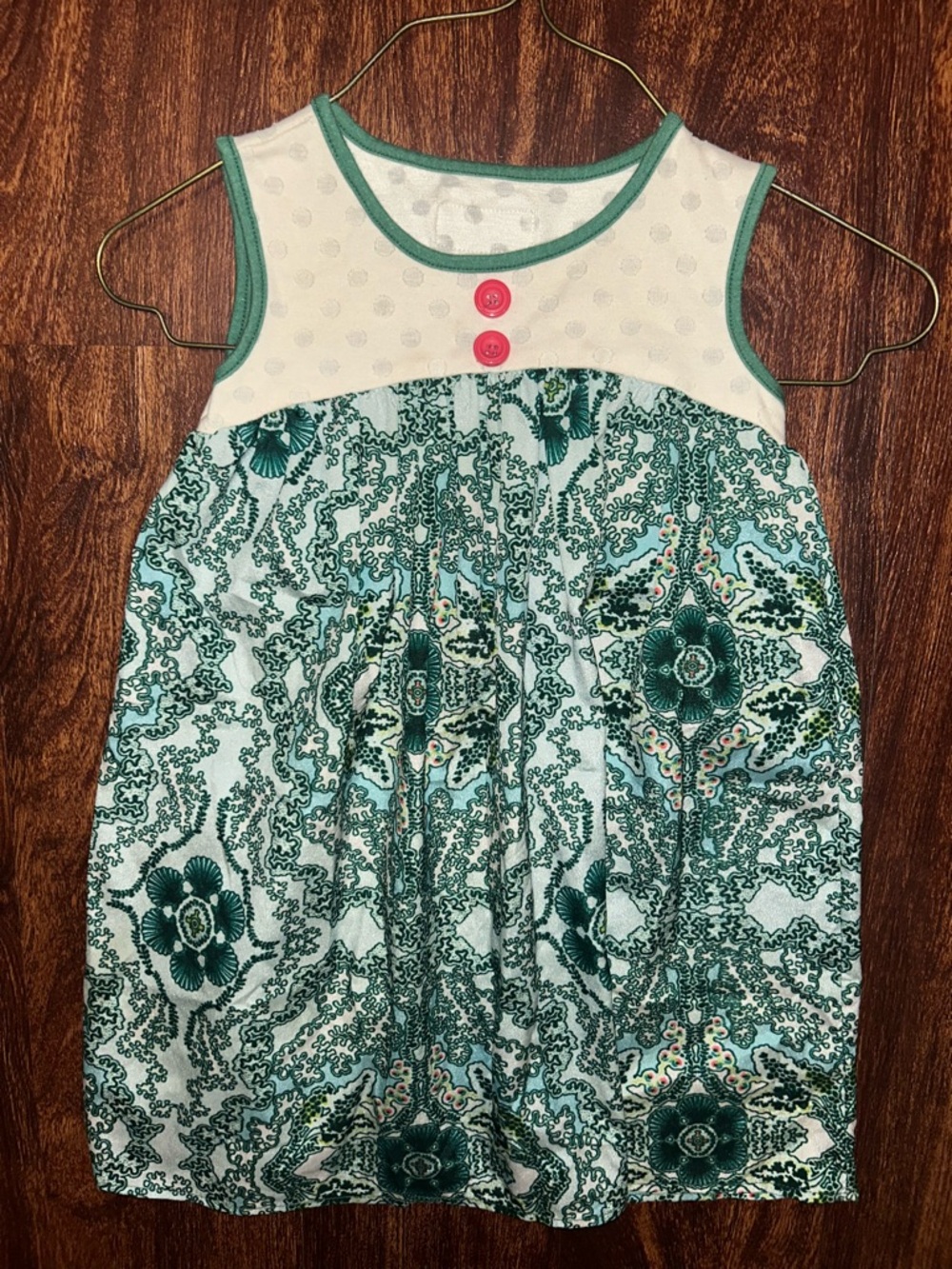 Persnickety Green and White Floral Casual Dress with Pink Buttons